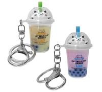 Llavero De Té con Leche De Gato De 2 Uds, Llavero Creativo De Té De Leche con Burbujas De Gato, Llavero De Arenas Movedizas De Té con Leche, Dije para Bolso para Niñas