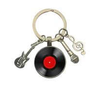 Llavero dj disco vinilo Rojo - Llavero para llaves con disco vinilo de tocadiscos, llave de sol, micrófono y guitarra eléctrica - Regalo para amantes de la música - Llavero unisex