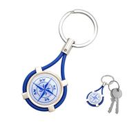 Llavero elegante y resistente de acero satinado con rosa de los vientos de resina 3D, cordón de caucho azul, anillo reforzado para llaves, estuche negro, unisex para coche, moto, hombre y mujer,