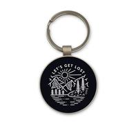Llavero Let's Get Lost Camping Wild, diseño de círculo de cristal negro, personalizado, llavero de acero