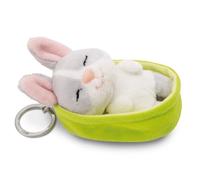 Llavero Mascotas dormilonas Conejo Gris 8cm en canasto Verde - para Colgar en la Llave, Bolso, Mochila, y Mucho más, para niños y Adultos