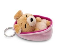Llavero Mascotas dormilonas Perro marrón Claro 8cm en canasto Rosa Claro - Colgante Animal de Peluche sostenible - para Colgar en la Llave, Bolso, Mochila, y Mucho más, para niños y Adultos