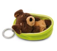 Llavero Mascotas dormilonas Perro marrón Oscuro 8cm en canasto Verde Claro - Colgante Animal de Peluche sostenible - para Colgar en la Llave, Bolso, Mochila, y Mucho más, para niños y Adultos