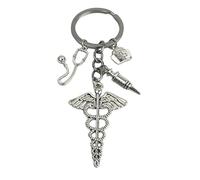 Llavero Médico - Llaveros de Enfermero con Símbolo Medicina, Estetoscopio para Escuchar, Jeringuilla de Vacuna y Botiquín de emergencia - Accesorio para llaves Plateado de metal Unisex Hombre y Mujer