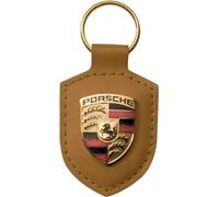 Llavero original Porsche de cuero color coñac con escudo metálico
