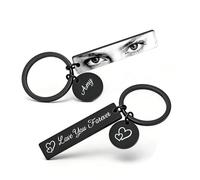 Llavero personalizado con foto de ojo para parejas - Regalo de metal rectangular para novio/novia, esposo/esposa - Recuerdo grabado en ambos lados con frase (Te quiero, Conduce con cuidado) (Láser)