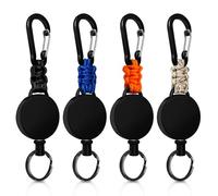 Llavero Retráctil 4 Piezas, Retractil Cable Acero 60 cm, Llavero de Mosquetón con Clip Paracord, Mosquetón de Carrete (Negro+Beige+Azul+Naranja)