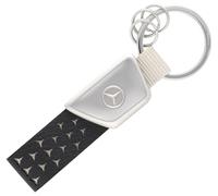 Llavero unisex con logotipo de Mercedes-Benz negro/plateado, piel de manzana vegana, acero inoxidable/nailon, diseño de estrella de Mercedes, con 3 mini anillos partidos y anillo principal