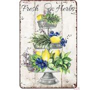 LLBOGRGGN Farmhouse Lemon Blueberry Fresh Herbs Metal Tin Sign Vintage Wall-Art for Kitchen Living Room Garden 8 X 12 in