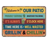 LLBOGRGGN Humorous Metal Tin Sign Welcome To Our Patio Let The Times Roll Decor For Yard Garden Home Balcony Outdoor Room 8 X 12 inch
