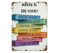 LLBOGRGGN Retro Metal Tin Sign Where Is The Cook Kitchen Status Humor Wall Decor Chef Quote Plaque for Home Bakery Coffee Shop Break Room 8 X 12 inch