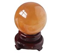 LLBOGRGGN Yellow Calcite Iceland Spar Crystal Sphere with Wood Stand,Citrine Ball Statue Lucky Feng Shui Living Room Decoration,6cm/2.4in