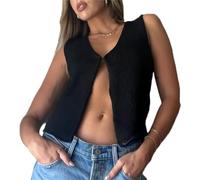 LLECDASEUI Atado Chaleco Punto Top para Mujer Sin mangas Con Lazo Sexy Cuello en V Camiseta Básico Casual Chaleco Camisas (L,Negro)