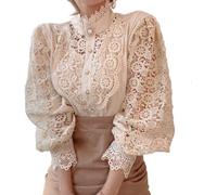 LLECDASEUI Blusa De Manga Larga con Encaje para Mujer, Camisas Victorianas con Botones, Elegantes, Informales, Bohemias, para Trabajo, Primavera (XL,Beige)