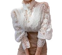 Blusa De Manga Larga con Encaje para Mujer, Camisas Victorianas con Botones, Elegantes, Informales, Bohemias, para Trabajo, Primavera (3XL,Blanco)