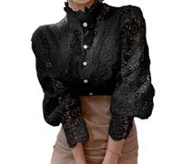 Blusa De Manga Larga con Encaje para Mujer, Camisas Victorianas con Botones, Elegantes, Informales, Bohemias, para Trabajo, Primavera (XL,Negro)
