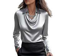 LLECDASEUI Blusa Elegante de Satén con Cuello Vuelto para Mujer de Manga Larga Camisa de Oficina Trabajo Top de Seda, gris, M