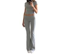 LLECDASEUI Casual Entrenamiento Dos Piezas Ropa Mujeres Manga Corta Cultivos Cintura Alta Foldover Pantalones Decorados Con Altavoces Conjunto De Ropa Deportiva Ropa Callejera (S,Gris)