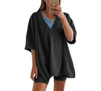 LLECDASEUI Conjunto De 2 Piezas De Gran Tamaño Para Mujer, Camiseta Reversible Con Cuello En V, Pantalones Cortos De Motociclista, Chándal Deportivo (XL,Negro)
