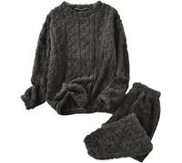 LLECDASEUI Conjunto de pijama de punto trenzado para mujer, pantalones de forro polar esponjoso, conjuntos de pijama de invierno suaves para descansar, Negro, M