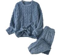 LLECDASEUI Conjunto de pijama de punto trenzado para mujer, pantalones de forro polar esponjoso, conjuntos de pijama de invierno suaves para descansar, azul, M