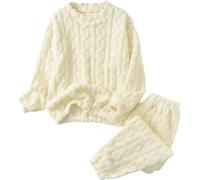 LLECDASEUI Conjuntos de pijama de punto de cable para mujer, pantalones de felpa esponjosa con cuello de punto suave, conjuntos de ocio para invierno, ropa de dormir, beige, M