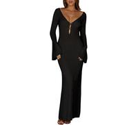 LLECDASEUI Cubrepañales De Ganchillo Para Mujer Cuello En V Sexy Recorte Manga Larga Encubrimientos De Malla Abertura Lateral Playa Maxi Vestido (L,Negro)