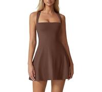 LLECDASEUI Cuello Cuadrado Vestido De Tenis Para Mujeres Sin Mangas Elástico Golf Deportivo Mini Vestidos Sexy Ejercicio Vestidos Con Pantalones Cortos Incorporados, marrón castaño, S