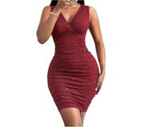 LLECDASEUI Diamantes de imitación de las mujeres Ruched Sexy Bodycon Mini Vestido Profundo V sin mangas Verano Vestidos de tirantes (XS,Borgoña)