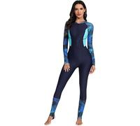 LLECDASEUI Mujer Con cremallera De una pieza Bañador de cuerpo entero Manga larga Pantalones largos Lycra con sujetador incorporado Bañador (S,Cian azul marino)