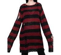LLECDASEUI Mujer Gótico A rayas Agujero Rasgado Largo Suéter, Y2K Grunge Hueco Punto Jersey, Oversized Distressed Jersey Tops (Talla única,Negro y rojo)
