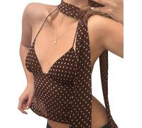 LLECDASEUI Mujer Lunares Camisola Y2K Cuello Halter Sin Espalda Cami Camiseta Sexy Coquette Crop Tops para Salir con Bufanda (# 01-Marrón,S)