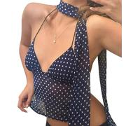 LLECDASEUI Mujer Lunares Camisola Y2K Cuello Halter Sin Espalda Cami Camiseta Sexy Coquette Crop Tops para Salir con Bufanda (# 01-Azul,S)
