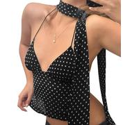 LLECDASEUI Mujer Lunares Camisola Y2K Cuello Halter Sin Espalda Cami Camiseta Sexy Coquette Crop Tops para Salir con Bufanda (# 01-Negro,S)