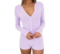LLECDASEUI Mujer Sexy Cuello en V Manga Larga Pantalones Cortos Romper Botón Abajo Acanalado Bodycon Body Yoga Gimnasio Mono Conjunto de Pijama (M,Morado Claro)