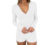 LLECDASEUI Mujer Sexy Cuello en V Manga Larga Pantalones Cortos Romper Botón Abajo Acanalado Bodycon Body Yoga Gimnasio Mono Conjunto de Pijama (M,Blanco)