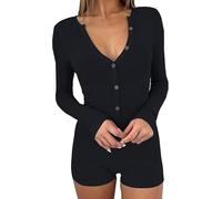 LLECDASEUI Mujer Sexy Cuello en V Manga Larga Pantalones Cortos Romper Botón Abajo Acanalado Bodycon Body Yoga Gimnasio Mono Conjunto de Pijama (L,Negro)