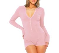 LLECDASEUI Mujer Sexy Cuello en V Manga Larga Pantalones Cortos Romper Botón Abajo Acanalado Bodycon Body Yoga Gimnasio Mono Conjunto de Pijama (L,Rosa)