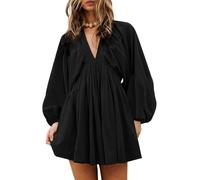 LLECDASEUI Mujeres Cuello en V Manga larga Mini Vestido Casual Suelto Columpio Babydoll Vestidos Playa Línea A Vestido con Bolsillos (L,Negro)