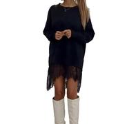 LLECDASEUI Mujeres Encaje Patchwork Mini Vestido Asimétrico Dobladillo Abertura Manga larga Sudadera Vestidos, Elegante Casual Camisetas Corto Vestido (L,Negro)