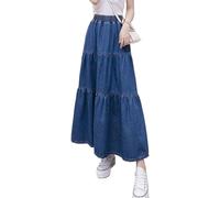 LLECDASEUI Mujeres Línea A Volante Flare Cintura elástica Falda vaquera larga (M,Azul Oscuro)