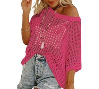 LLECDASEUI Mujeres Verano Ganchillo Hueco Jersey Cuello redondo Manga corta Punto Camisetas Playa Traje de baño Ropa de abrigo (L,Rosa fuerte)