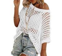 LLECDASEUI Mujeres Verano Ganchillo Hueco Jersey Cuello redondo Manga corta Punto Camisetas Playa Traje de baño Ropa de abrigo (M,Blanco)