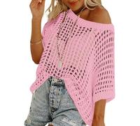 LLECDASEUI Mujeres Verano Ganchillo Hueco Jersey Cuello redondo Manga corta Punto Camisetas Playa Traje de baño Ropa de abrigo (L,Rosa)