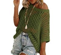 LLECDASEUI Mujeres Verano Ganchillo Hueco Jersey Cuello redondo Manga corta Punto Camisetas Playa Traje de baño Ropa de abrigo (XXL,Verde)