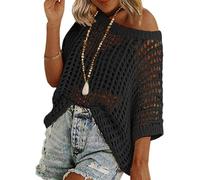 LLECDASEUI Mujeres Verano Ganchillo Hueco Jersey Cuello redondo Manga corta Punto Camisetas Playa Traje de baño Ropa de abrigo (XXL,Negro)