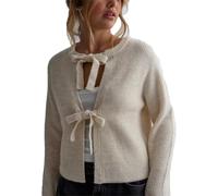 LLECDASEUI Mujeres Y2k Pajarita Cárdigan Jersey Manga larga Frente abierto Punto Crop Top Adolescentes Salir Streetwear (S,Beige)