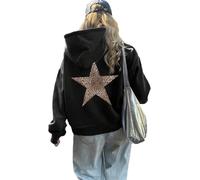 LLECDASEUI Sudadera con capucha de estrella de leopardo guepardo para mujer Sudadera con capucha de gran tamaño de lana Y2k con estampado gráfico (XL,Negro)