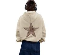 LLECDASEUI Sudadera con capucha de estrella de leopardo guepardo para mujer Sudadera con capucha de gran tamaño de lana Y2k con estampado gráfico (S,Caqui)