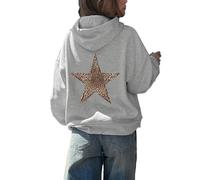 LLECDASEUI Sudadera con capucha de estrella de leopardo guepardo para mujer Sudadera con capucha de gran tamaño de lana Y2k con estampado gráfico (S,Gris)